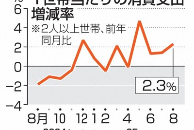 8月の消費支出、前年比2.3％増　自動車購入や電気代伸び