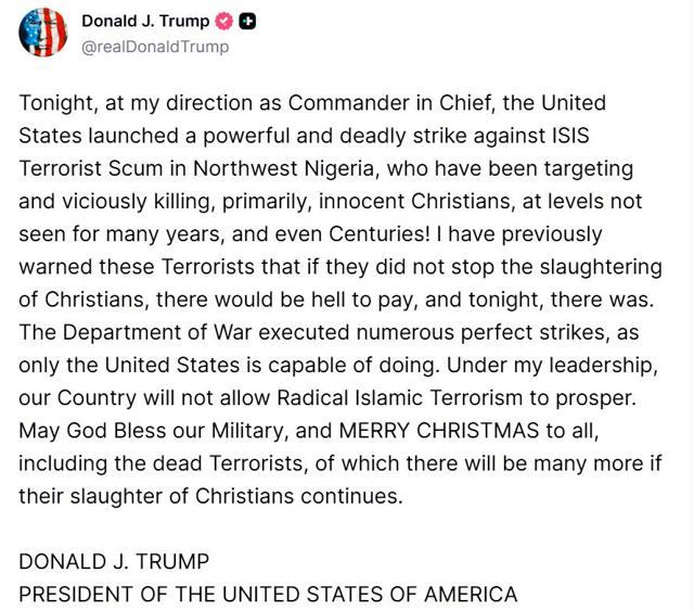 米軍、ナイジェリアのイスラム過激派を空爆か　トランプ氏が投稿