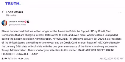 トランプ大統領「クレジットカード金利上限を1年間10％にする」と発表　物価高対策や生活費高騰対策をアピールする狙いか