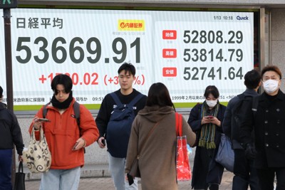 日経平均、初の5万3000円台　円売りは加速、一時158円台前半
