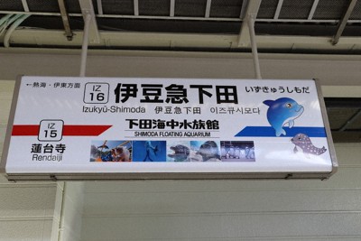 伊豆急下田駅、副駅名は「下田海中水族館駅」　駅名標をお披露目